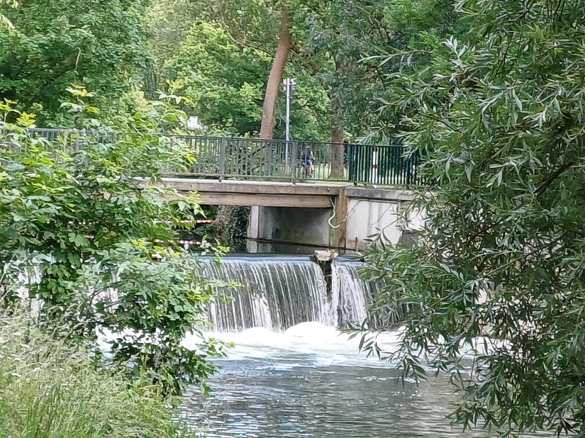 Das Absturz-Wehr am Ernst-Ehrlicher-Park mit wasserfallartigem Absturz